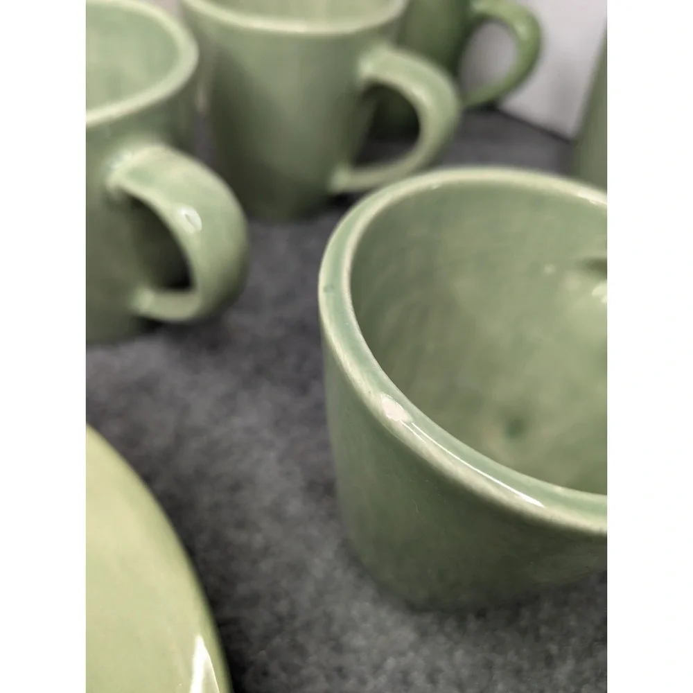 Lot Of Pottery Barn Sausalito Green Sage Cups‎ - 6 & Wide Rim Bowls - 4 READ